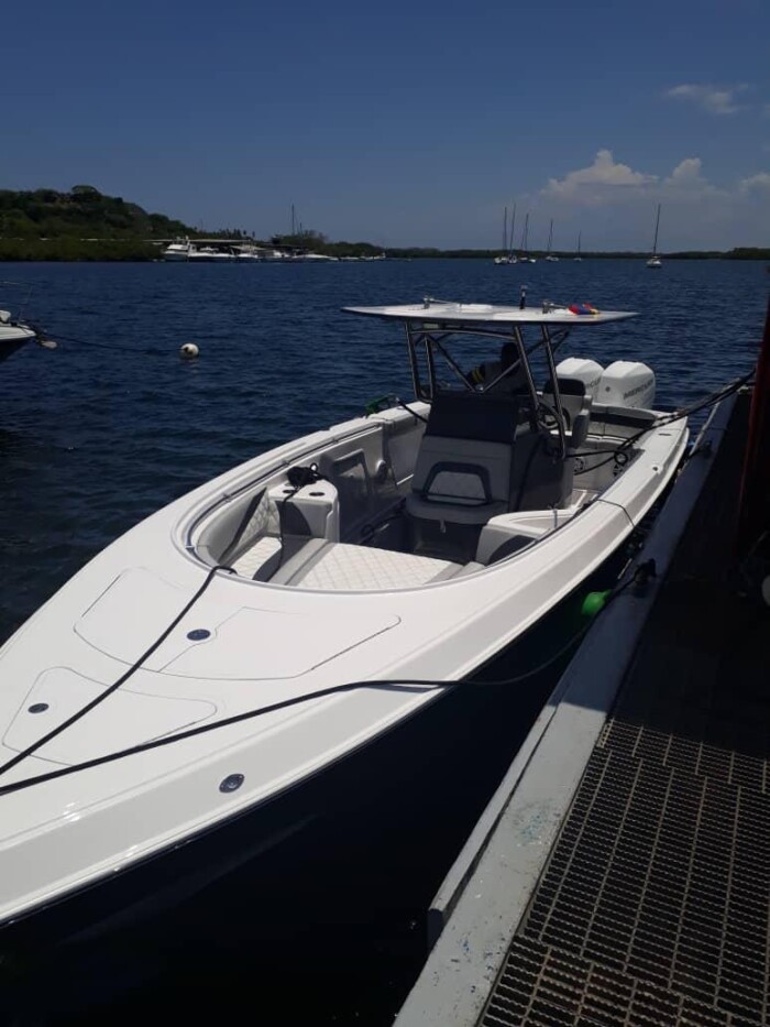 Barracuda 36ft center console boat with The Element bow dodger from
